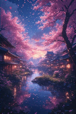 黃昏時分，櫻花在傳統日本建築和發光燈籠旁邊的河流上飄蕩。 — iPhone 4 壁紙