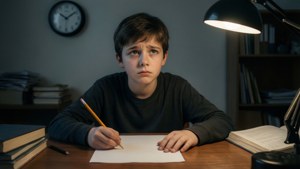 一個疲倦的男孩在燈下的桌子上沮喪地拿著鉛筆懸在空白紙上。 — 憂鬱男孩 壁紙