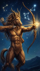 射手座半人馬弓箭手在夜空中瞄準明亮星座的箭矢。