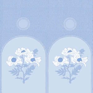 藍色壁紙，拱形面板上有白色罌粟花和波浪背景。 — 長春花 壁紙