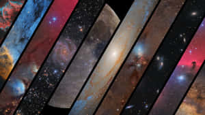 以對角線空間場景組成的拼貼畫，包含星系、星雲和恆星，色彩鮮豔。 — 宇宙 壁紙
