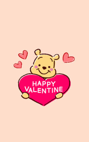 小熊維尼拿著一個粉紅色的心，上面有 happy valentine 文字和漂浮的心形。 — Pixel Tablet 壁紙