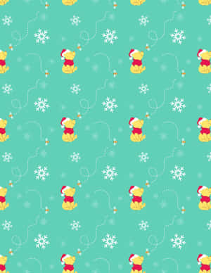 戴著聖誕帽的小熊維尼，雪花和蜜蜂在青色背景上 — 迪士尼聖誕節 GIF 壁紙