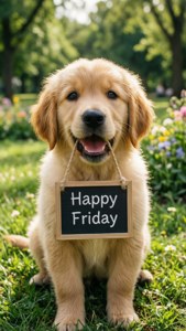 黃金獵犬幼犬在花園中舉著「Happy Friday」標語牌。 — iPhone 7 壁紙