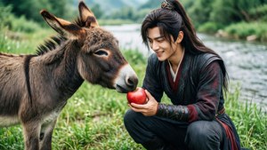 古代長袍男人在河邊向驢子遞蘋果 — 陳情令 壁紙