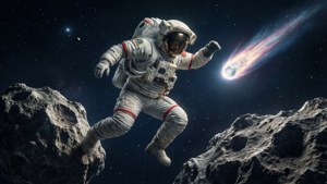 太空人在小行星之間漂浮，彗星在太空中劃過。 — 1280x720 壁紙