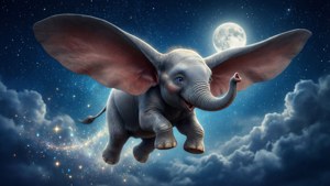 一隻快樂的飛象，背景是滿月和繁星點點的夜空。 — ROG Ally 壁紙