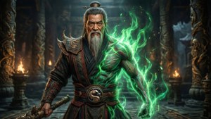 《真人快打11》中的尚宗，巫師施展綠色能量。