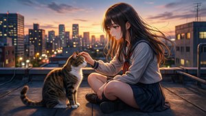 穿著校服的女孩在屋頂上撫摸貓，背景是發光的城市夕陽。 — 動漫女孩 壁紙