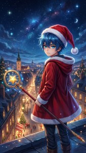 藍髮動漫男孩穿著聖誕老人服裝，在夜晚的節日城市上空手持魔法杖。 — 動漫聖誕 壁紙