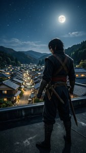 忍者於屋頂凝視月光下的山村 — 對馬戰鬼 壁紙