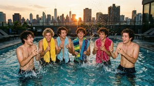 五個男子在日落時於屋頂泳池中大笑和潑水。 — One Direction 壁紙