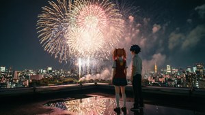 兩個動漫角色在雨夜觀看城市上空的煙火。 — 天氣之子 壁紙