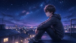 年輕動漫男孩晚上坐在屋頂上，看著城市燈光上方的星星。 — 動漫風格 壁紙
