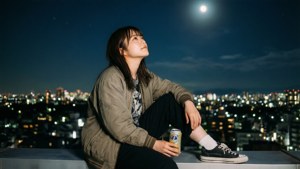 櫻島麻衣在月光下的屋頂上，一幅寧靜的桌布。 — 櫻島麻衣 壁紙