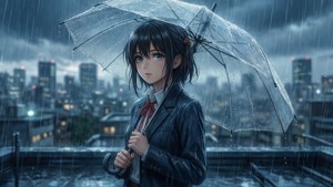 動漫女孩在雨夜城市中撐著透明雨傘 — 天氣之子 壁紙