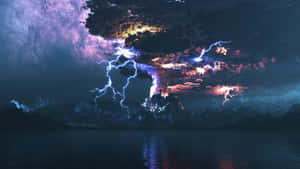 山峰在風暴天空下爆發閃電，倒映在水中。 — 夜空 壁紙