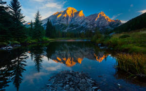 寧靜的山間湖泊在日出時倒映著金色山峰，周圍有常青樹。