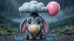 悲傷卡通驢子坐在哭泣雲朵下雨水坑裡拿著粉紅色氣球。 — Funko Pop 壁紙