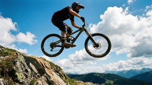 一名登山車騎士從岩石邊緣騰空而起，背景是晴朗的藍天。 — 登山車 壁紙