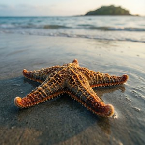 日落時分，濕沙上的橙色海星，伴隨著海浪和遠處的島嶼。 — Galaxy Watch 壁紙