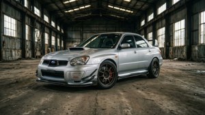 廢棄倉庫中的銀色Subaru Impreza WRX STI，帶有生鏽的窗戶和佈滿灰塵的地板。 — 昴 壁紙