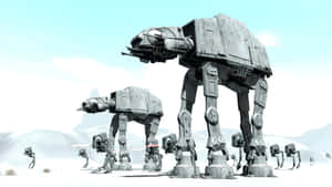 AT-AT步行機和機器人在雪地戰場上行進。 — 星際大戰 壁紙