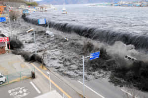 海嘯淹沒日本沿海城鎮，汽車和建築物被淹沒。 — 波浪 壁紙