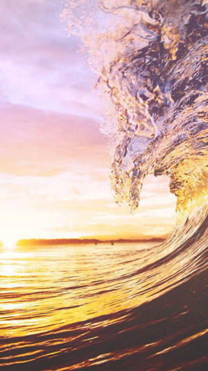 一道強勁的海浪在金色夕陽下拱起。 — 日落 壁紙