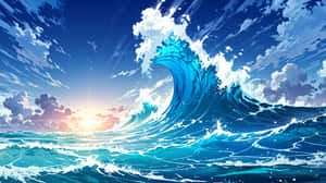 高聳的藍色波浪在帶有散雲和陽光的日落天空下破碎。 — 海洋 壁紙