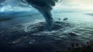 巨大的龍捲風在暴風雨中的海洋摧毀軍艦，天空中有閃電。 — 百慕達 壁紙