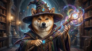 柴犬巫師在燭光圖書館中與漂浮的書籍一起施展魔法。 — 狗狗迷因 壁紙