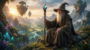 一位手持法杖的巫師坐在懸崖上，俯瞰著日落時分有浮島的山谷。 — 魔法動圖 壁紙
