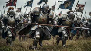 全副武裝的騎士們揮舞旗幟衝過戰場。 — 戰錘 GIF 壁紙