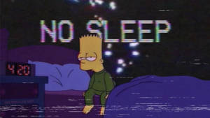 巴特·辛普森在凌晨4點20分坐在床上醒著，上方有「NO SLEEP」的故障文字。 — 辛普森家庭 壁紙