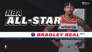 NBA全明星布拉德利·比爾東部聯盟首發圖形，帶有球隊標誌和粗體字體。 — 克里夫蘭騎士隊 壁紙