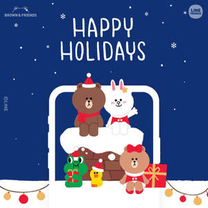 布朗和朋友們穿著節日服裝，在積雪的煙囪上，有禮物和燈光 — LINE FRIENDS 壁紙