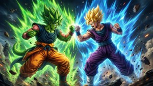兩名動漫戰士在綠色和藍色能量爆炸中於宇宙戰鬥中碰撞。 — 七龍珠超 布羅利 壁紙