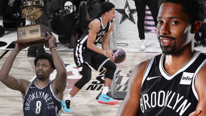 布魯克林籃網籃球球員在球場上慶祝贏得NBA總冠軍獎盃。 — 低調 壁紙