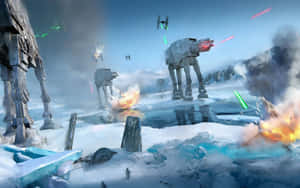 帝國步行機在雪地冰凍戰場上與星際戰鬥機交戰，伴隨爆炸和雷射火光。 — 現代戰爭 壁紙