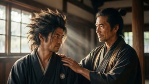 兩位身穿傳統長袍的武士在室內分享莊嚴時刻。 — 多羅羅 壁紙