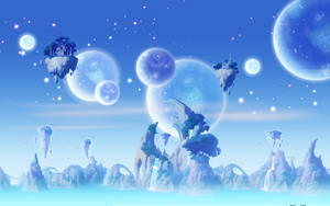 在星空下，寧靜的外星景觀，有浮島和發光的月亮。 — 高畫質月亮 壁紙