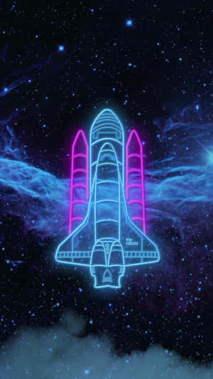 霓虹太空梭漂浮在星空宇宙中，帶有藍色和粉紅色的發光效果。 — 霓虹燈 壁紙
