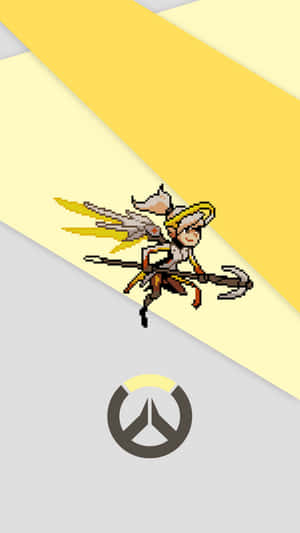 像素化的Overwatch角色帶有翅膀和三叉戟在標誌上方飛翔。 — 電玩遊戲 GIF 壁紙