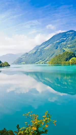 平靜的綠松石色湖泊反射山脈和天空，前景有秋葉 — 湖泊 壁紙