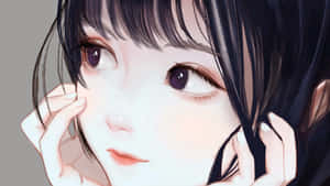 深色頭髮和紫色眼睛的動漫女孩輕輕觸摸臉龐。 — 可愛動漫女孩 壁紙