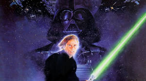 Luke Skywalker在太空中揮舞綠色光劍面對Darth Vader。 — 達斯維德 4K 壁紙