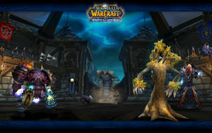 Warcraft角色在黑暗大廳中，有發光的藍色天空和一棵幽靈樹。