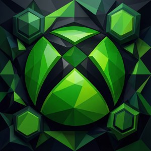 以綠色與黑色低多邊形風格呈現Xbox標誌的抽象幾何藝術。