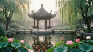 黎明時分，池塘上有錦鯉和蓮花的傳統中式亭閣。 — 中文 壁紙